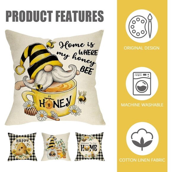 Yellow Bumble Bee Happy Gnome Decorative Throw Pillow Cover 20x20 Set of 4, Fall - Picture 5 of 7